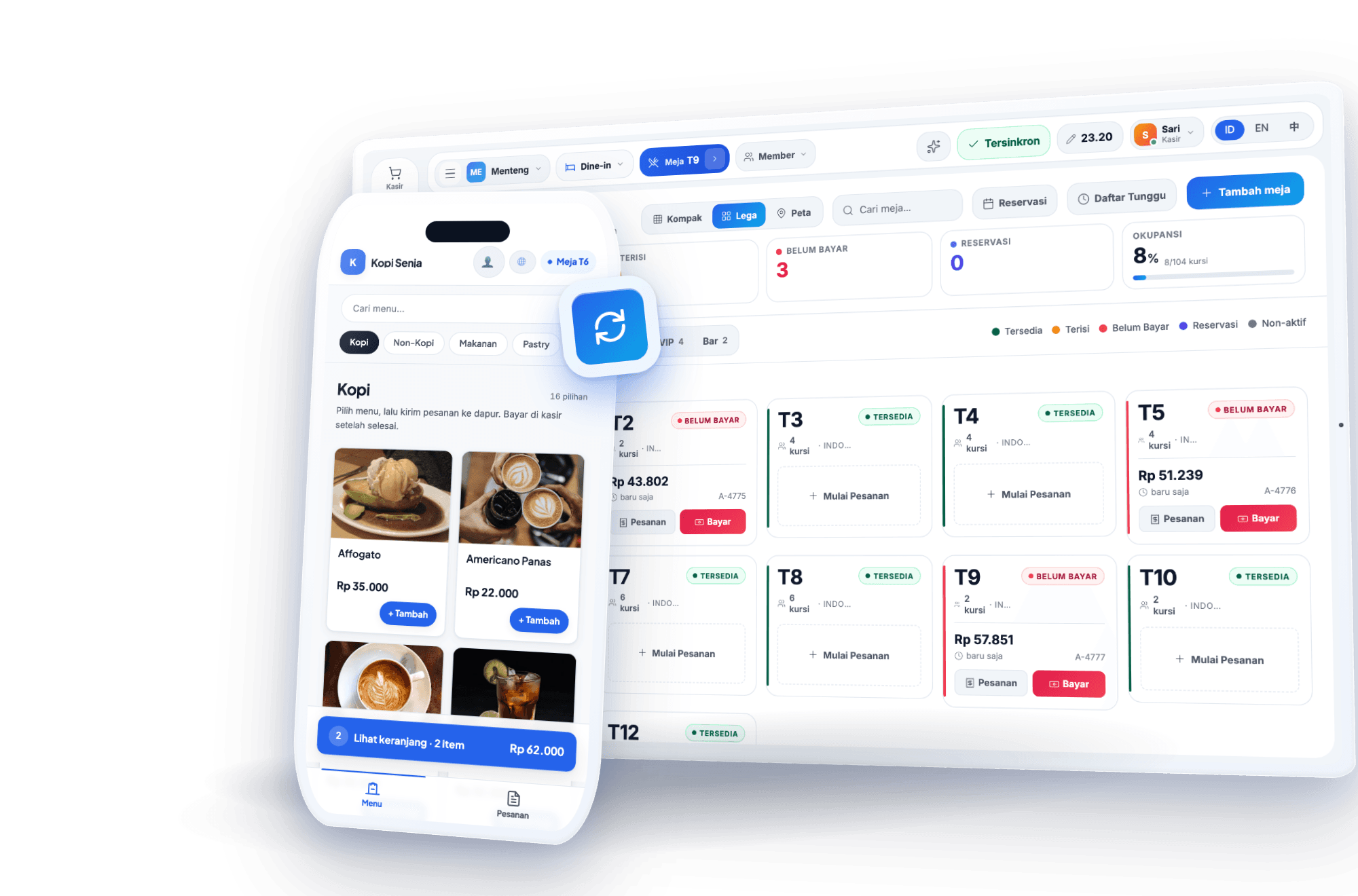Pelanggan memesan lewat QR menu di ponsel, kasir melihat status meja