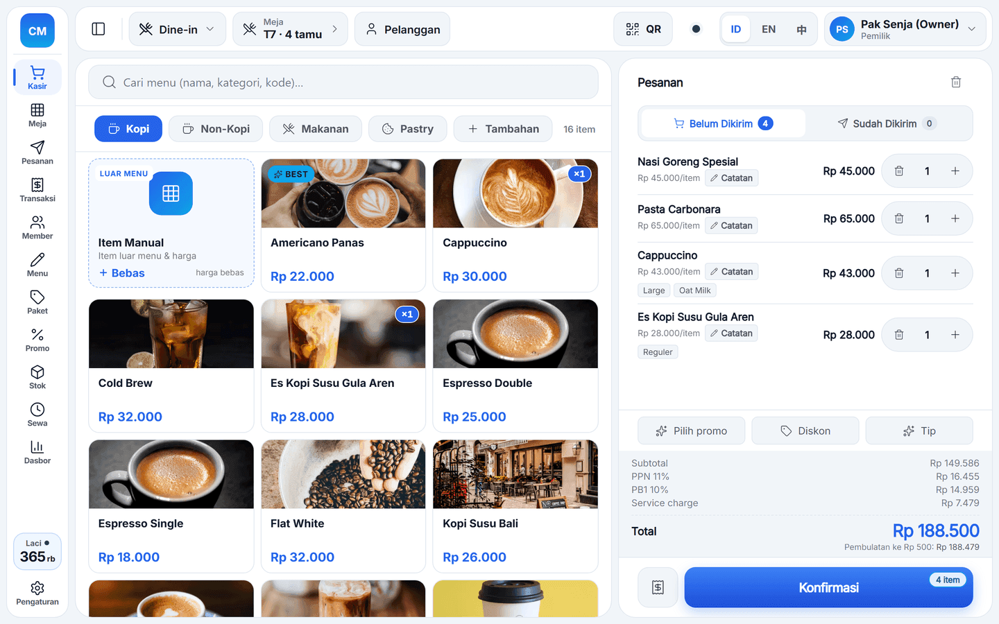Kasir PIKaPOS di tablet: menu kafe dan pesanan meja