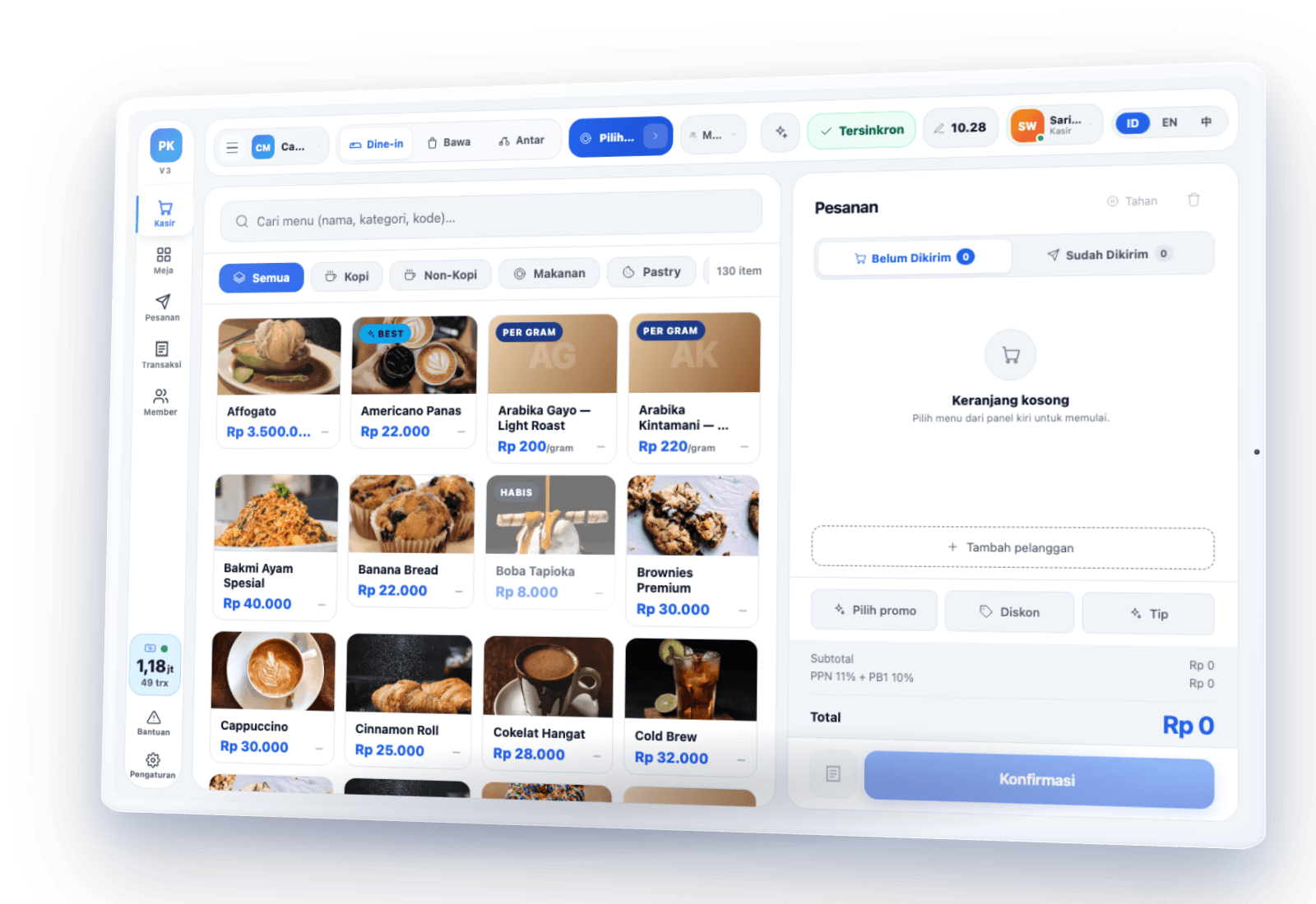 Tampilan kasir PIKaPOS di tablet