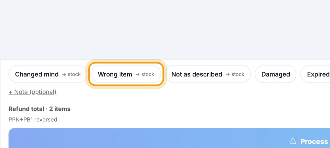 Refund reason choices with Wrong item ringed