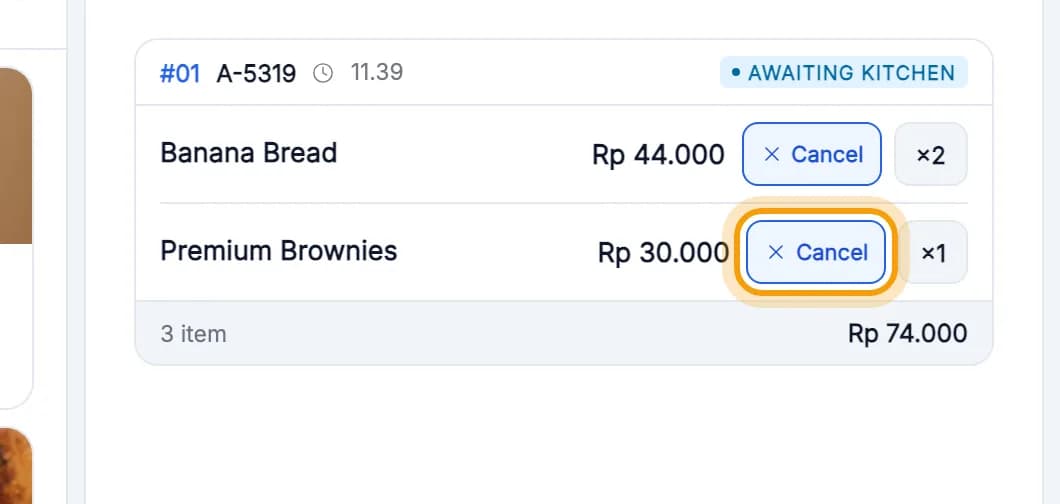 Premium Brownies line with its Cancel button ringed