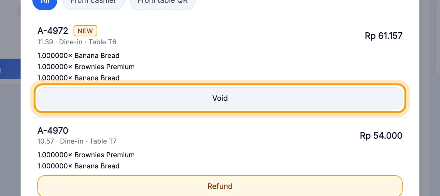 Recent orders list with the Void button ringed