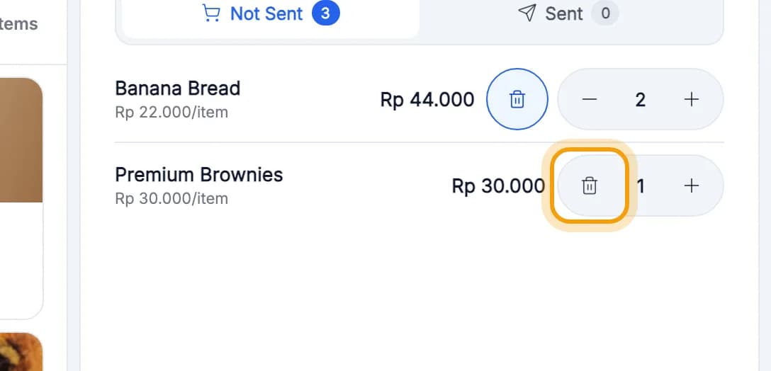 Premium Brownies line in the cart with its remove icon ringed