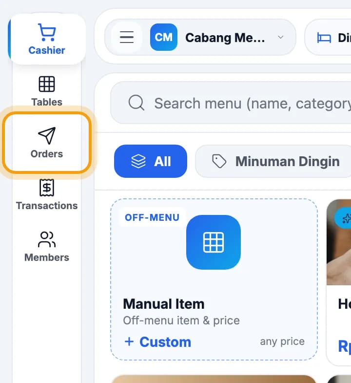 Cashier left menu with Orders ringed