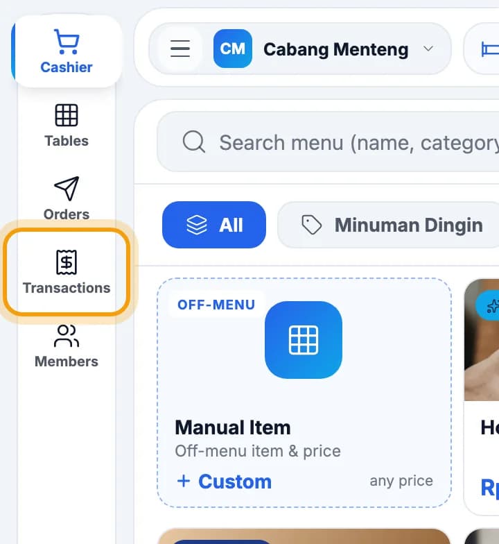 Cashier left menu with Transactions ringed
