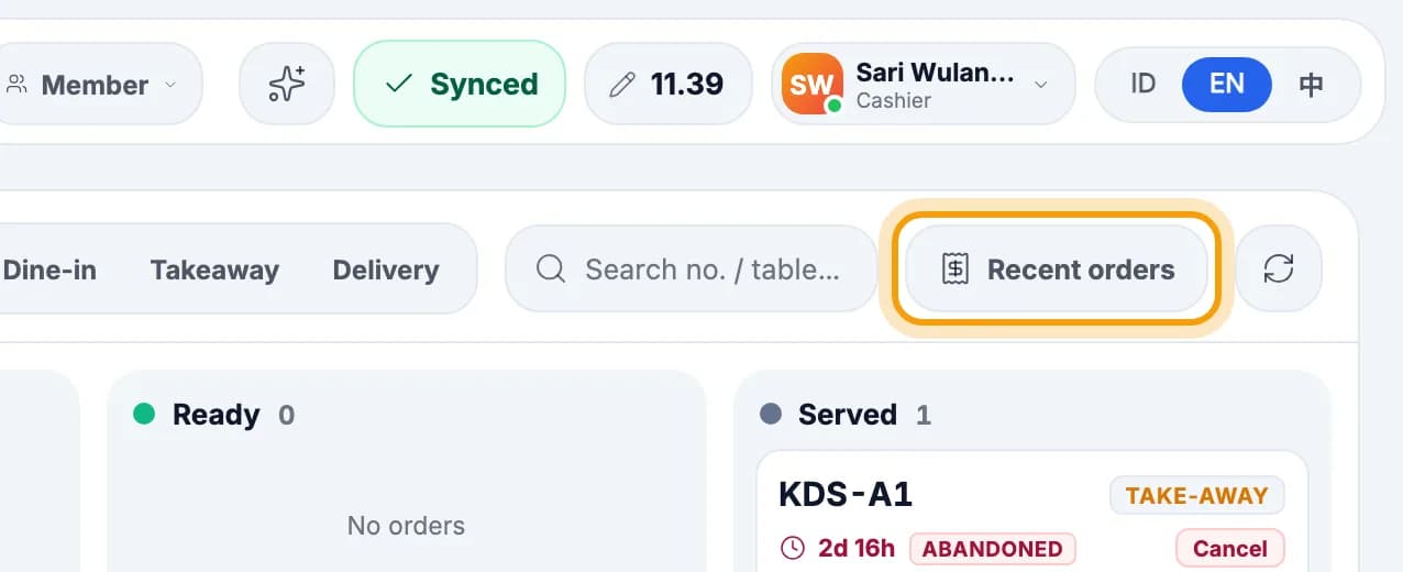 Active Orders screen with the Recent orders button ringed