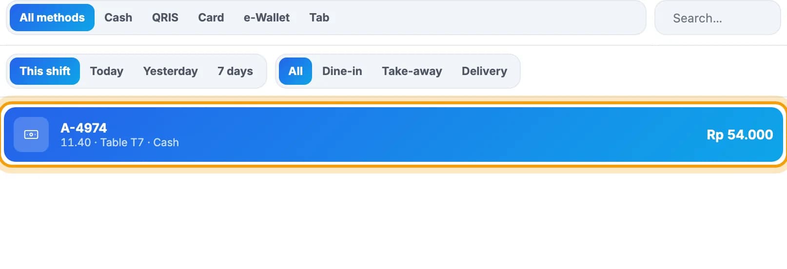 Transaction list with a table T7 sale ringed