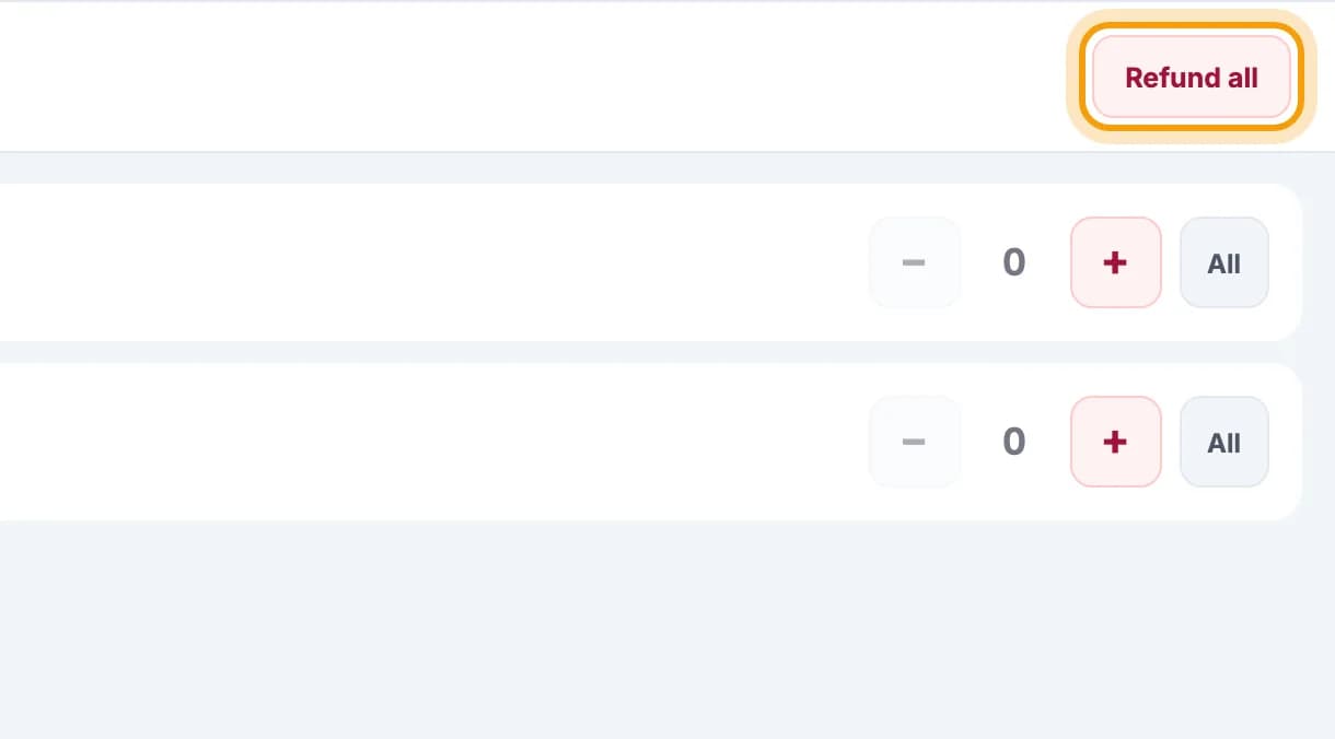 Refund per item sheet with the Refund all button ringed
