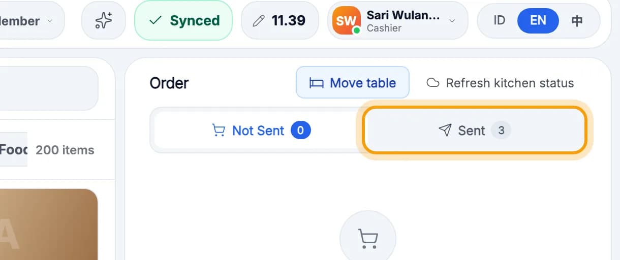 Order panel with the Sent tab ringed