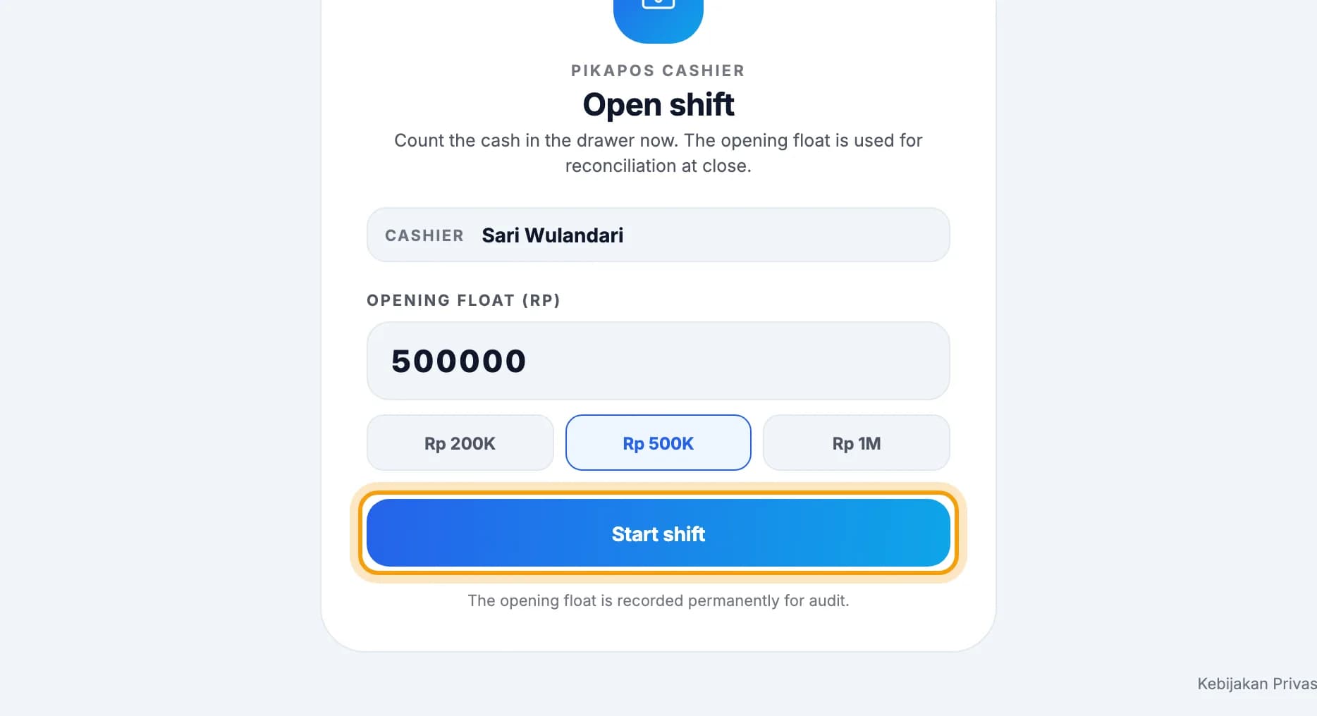 Open shift screen, Start shift button ringed