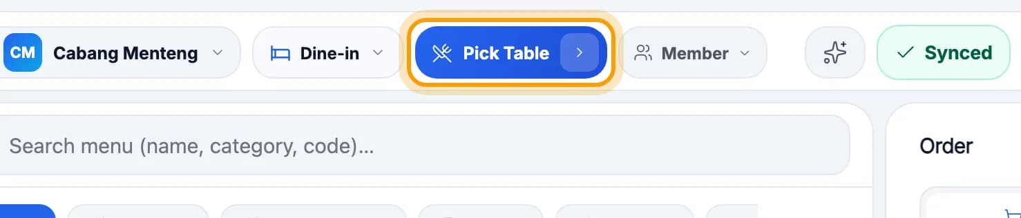 Cashier top bar, Pick Table button ringed