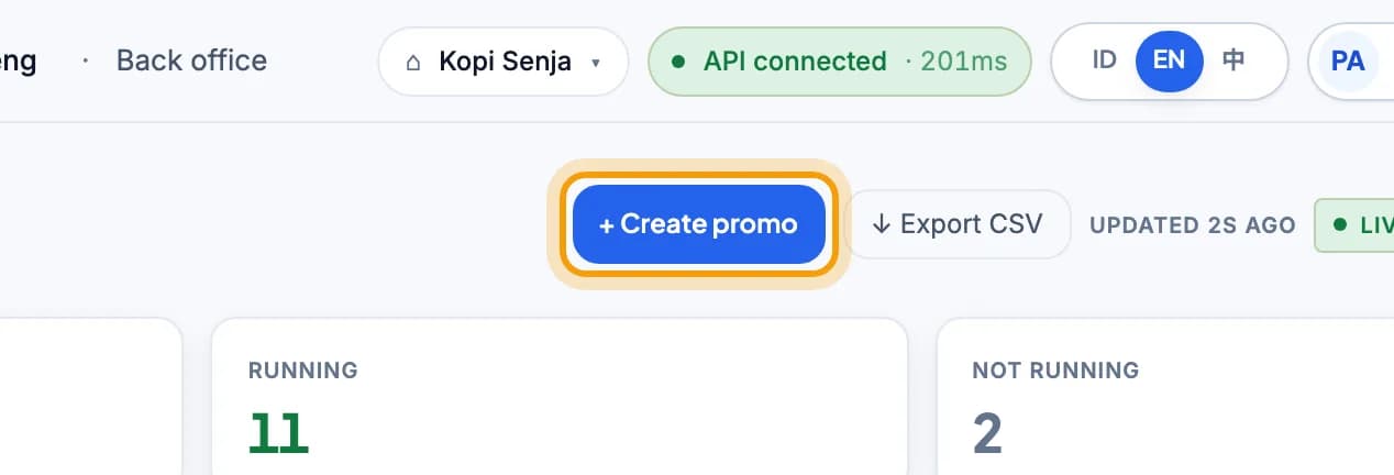 Promotions page, Create promo button highlighted