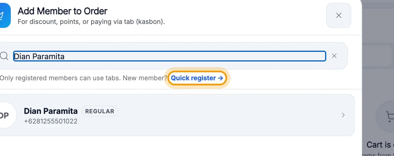 Add Member to Order window with no results, Quick register link highlighted