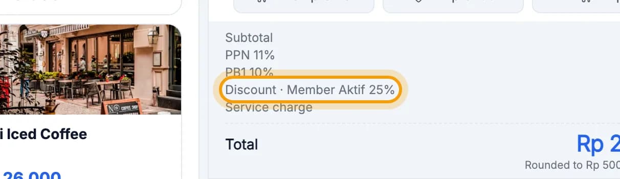 Order totals, the Discount · Member Aktif 25% line highlighted