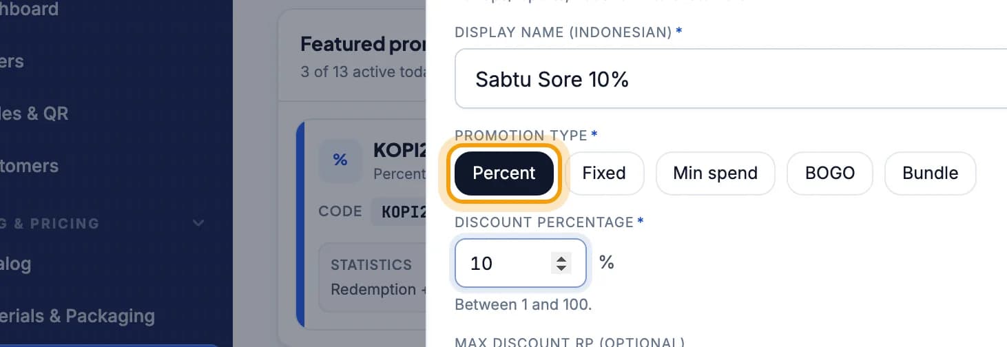Promo type choices, % off highlighted