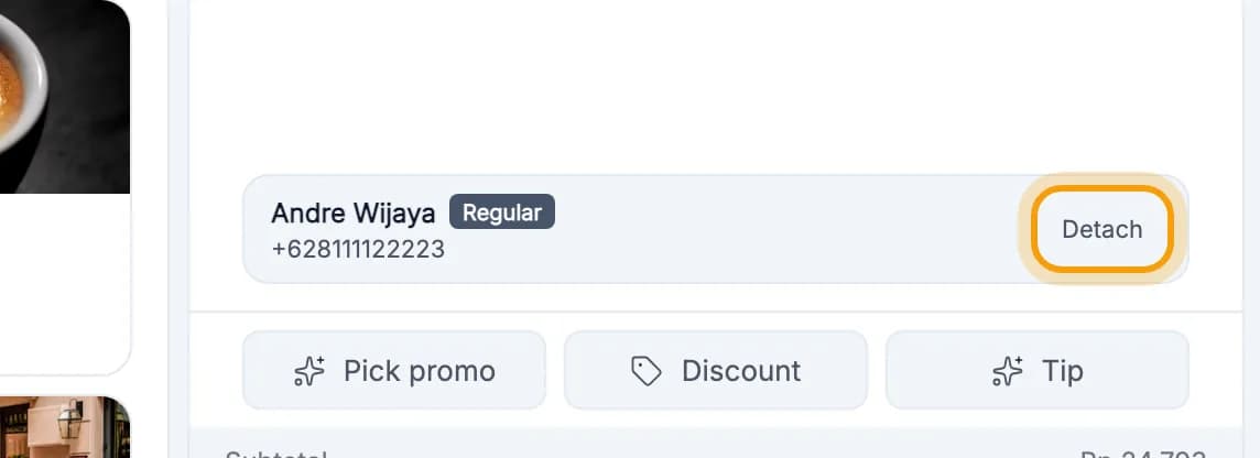 Andre Wijaya's member card in the Order column, Detach button highlighted