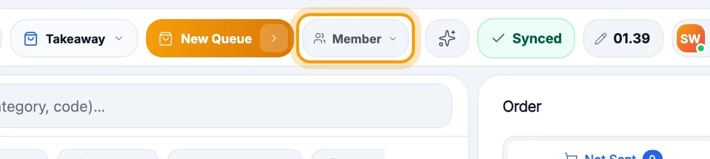 Till top bar, Member button highlighted