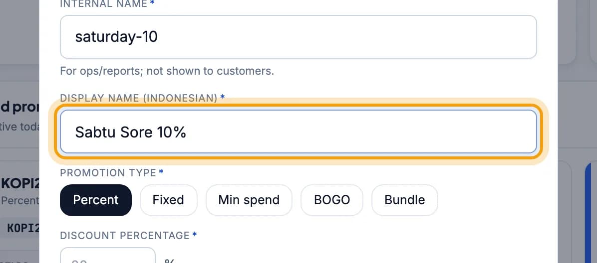 % off form, Promo name field highlighted