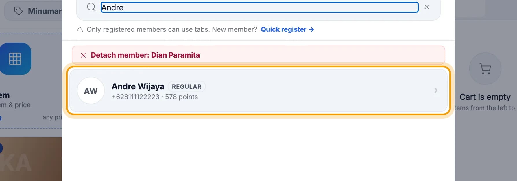 Member search results, Andre Wijaya's row with his points highlighted