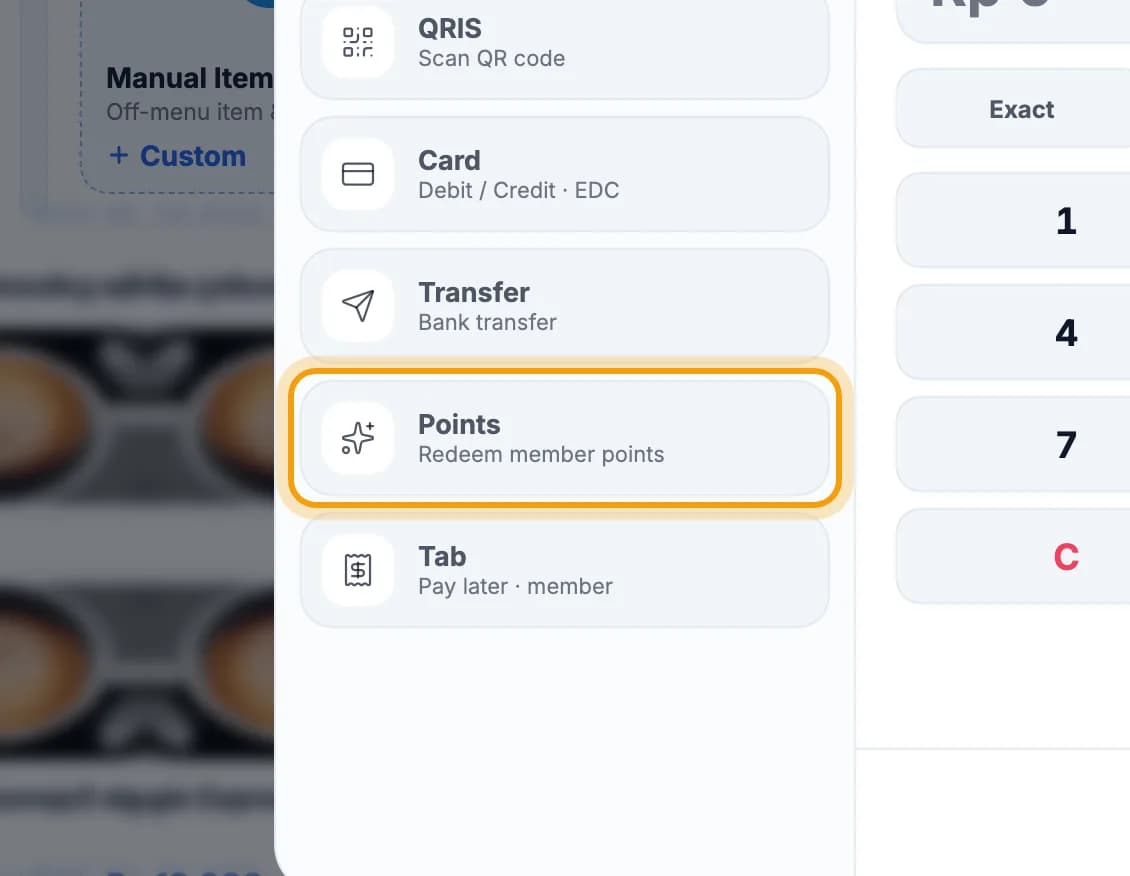 Payment methods list, Points highlighted