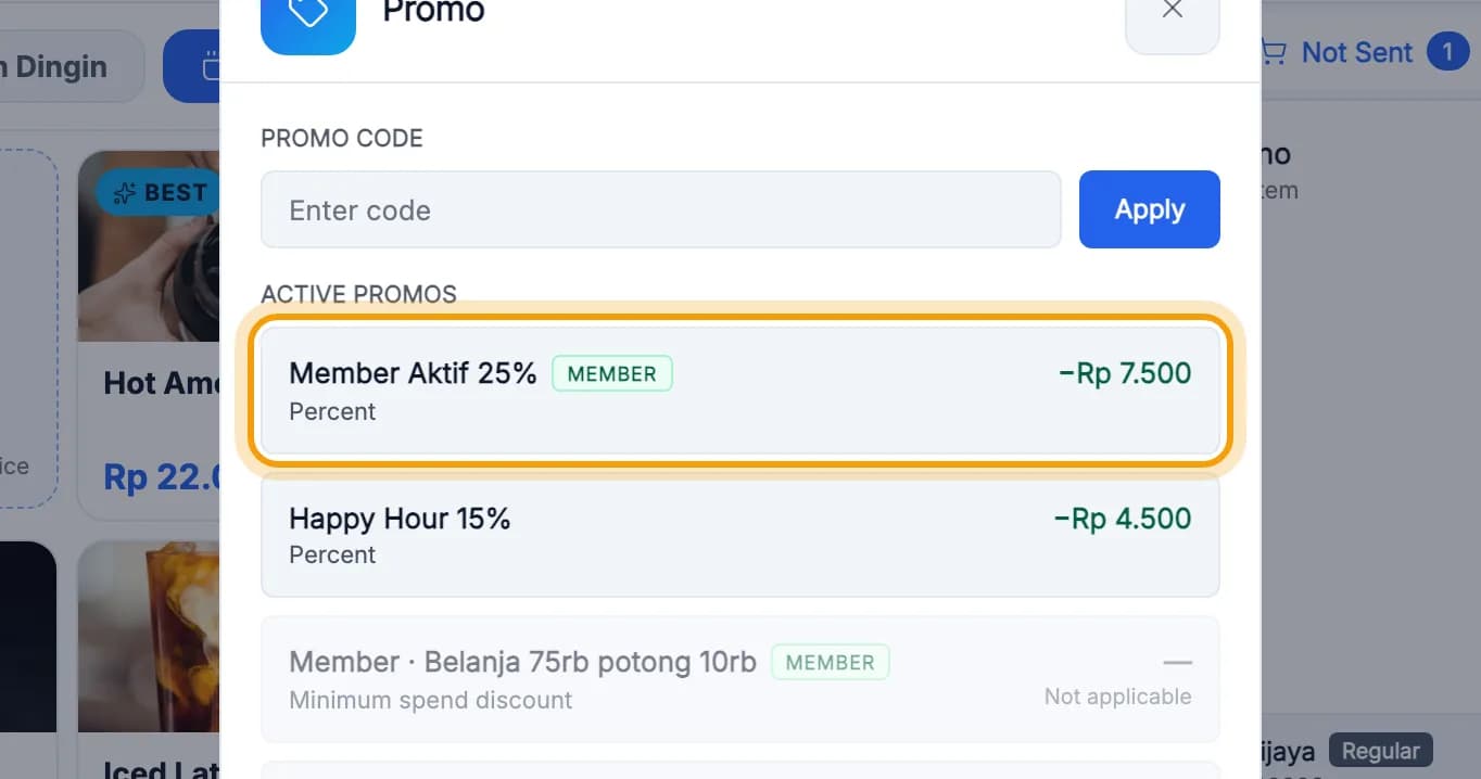 Active promos list, the Member Aktif 25% promo highlighted