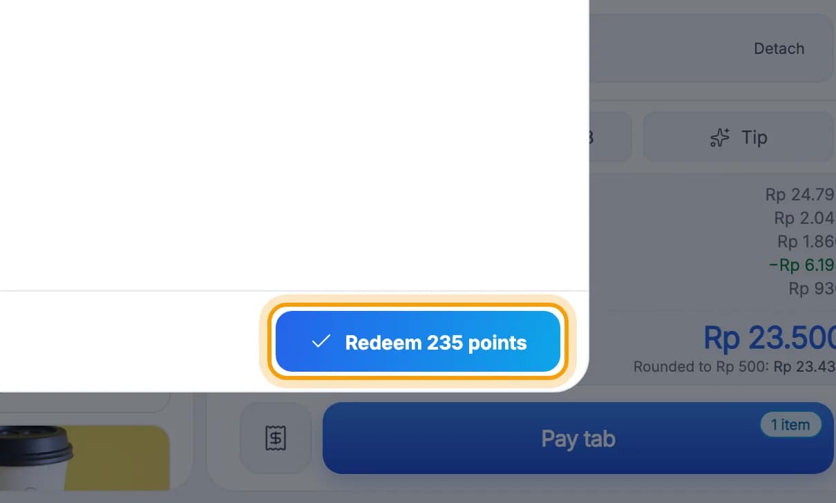 Pay with loyalty points panel, Redeem 235 points button highlighted