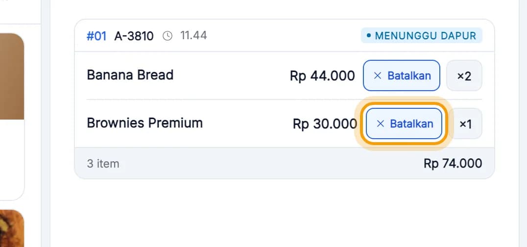 Baris Brownies Premium, tombol Batalkan disorot