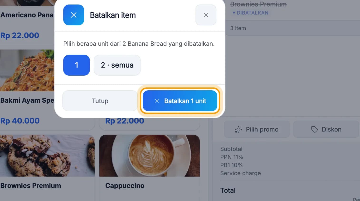 Jendela Batalkan item, tombol Batalkan 1 unit disorot