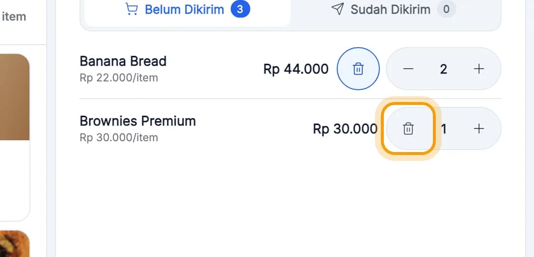 Baris Brownies Premium di keranjang, ikon hapus disorot