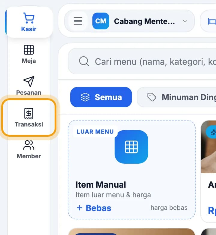 Menu kiri kasir, Transaksi disorot