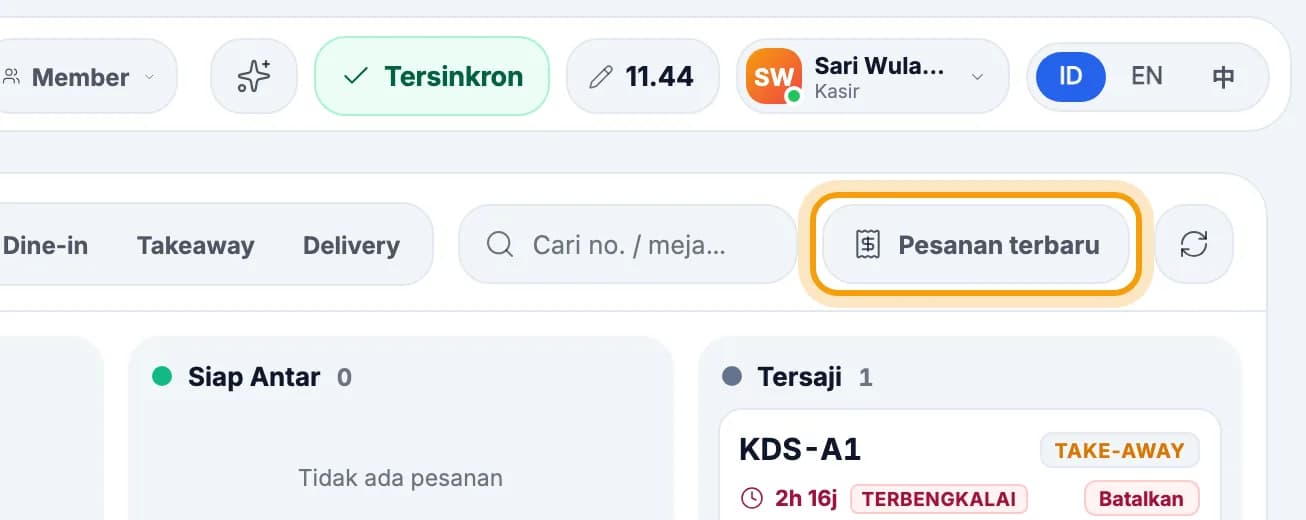 Layar Pesanan Aktif, tombol Pesanan terbaru disorot