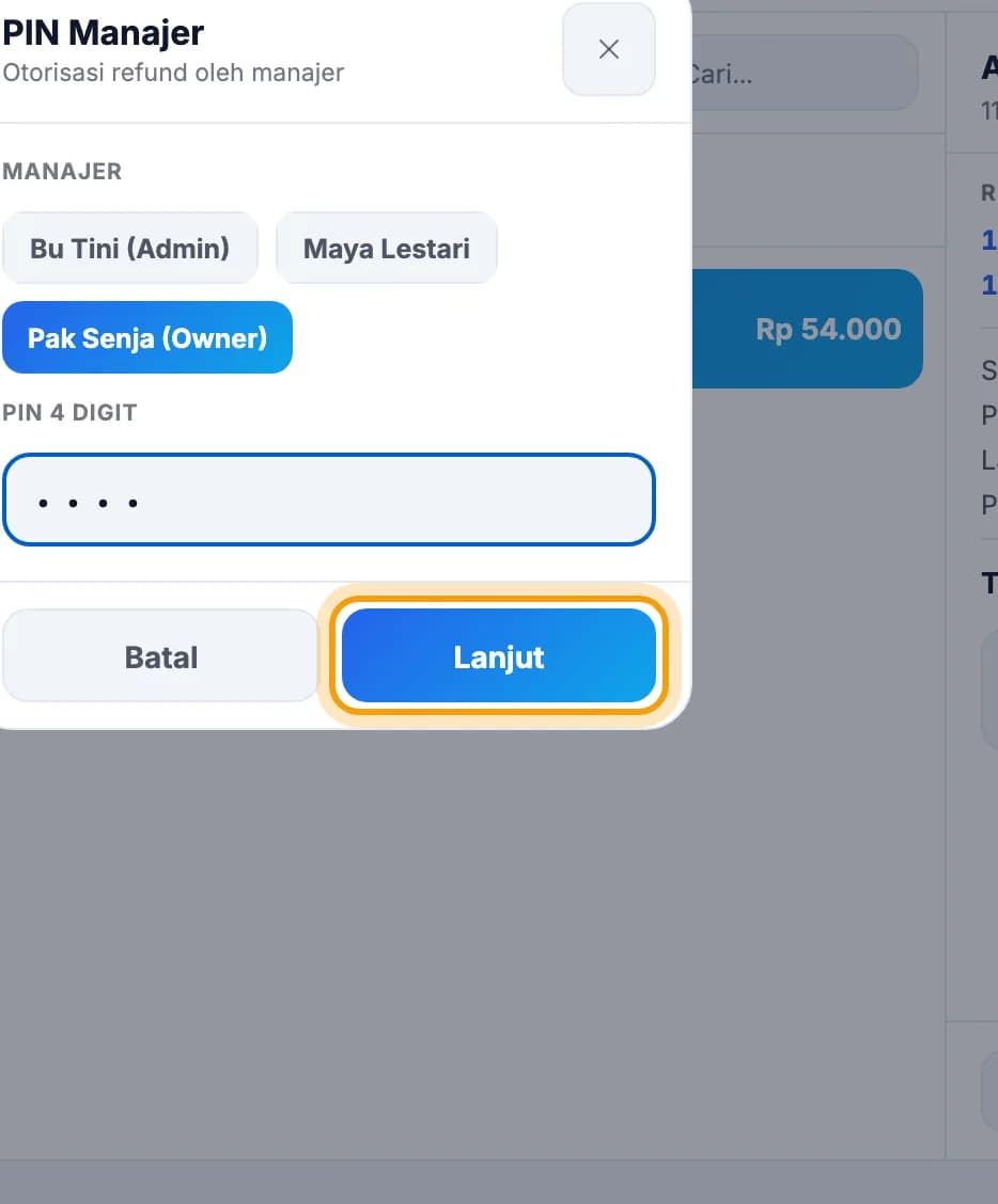 Jendela PIN Manajer, tombol Lanjut disorot