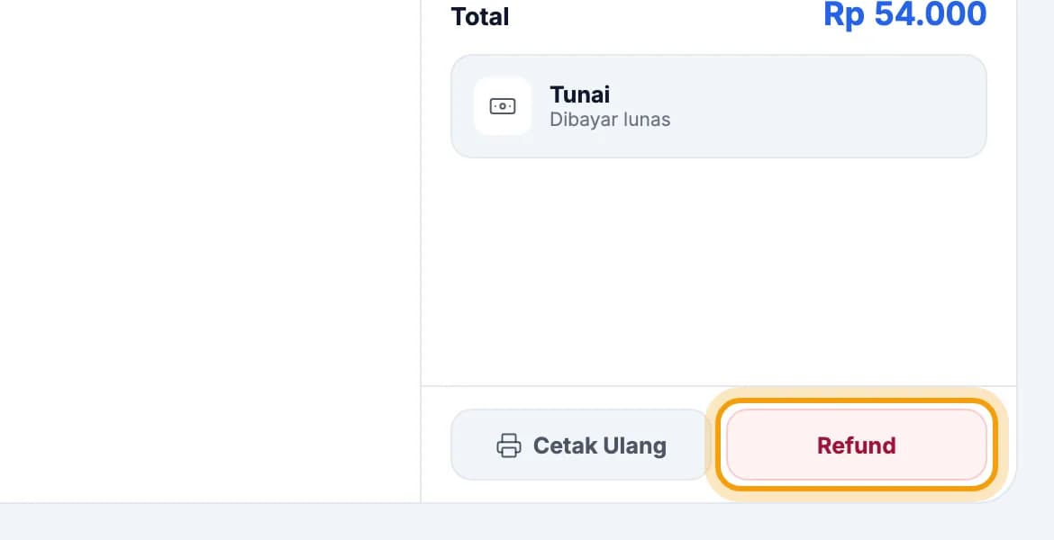 Rincian transaksi, tombol Refund disorot