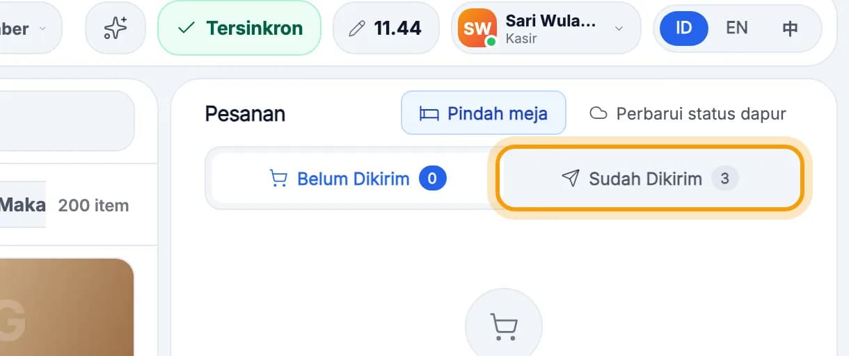 Kolom Pesanan, tab Sudah Dikirim disorot