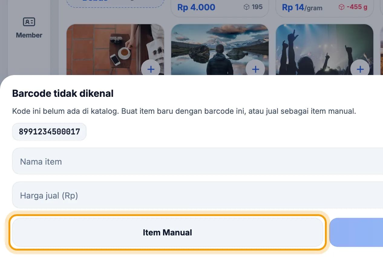 Jendela Barcode tidak dikenal, tombol Item Manual disorot