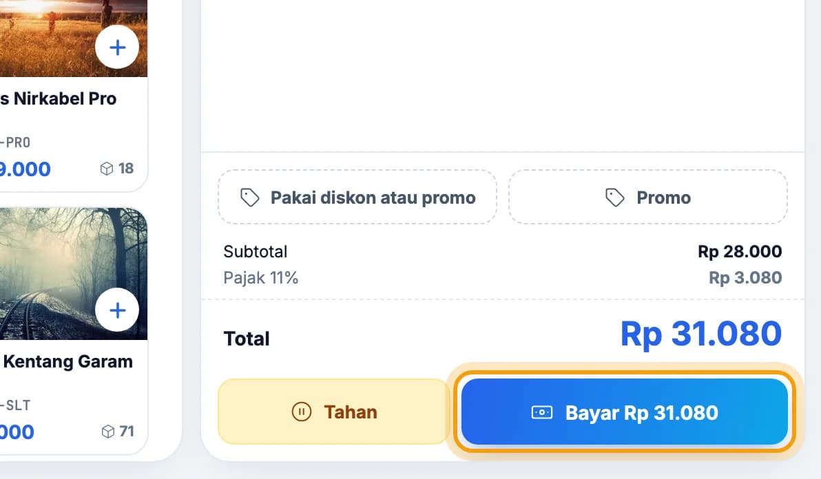 Tombol Bayar di bawah keranjang disorot