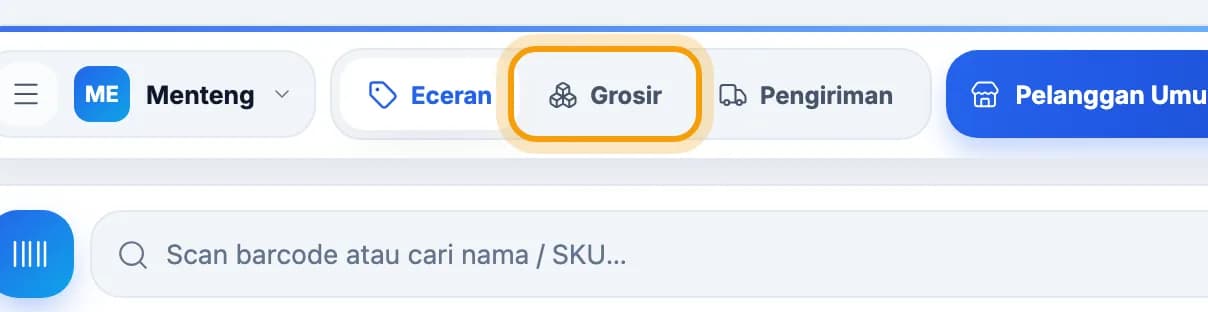 Bar atas kasir toko, tombol Grosir disorot