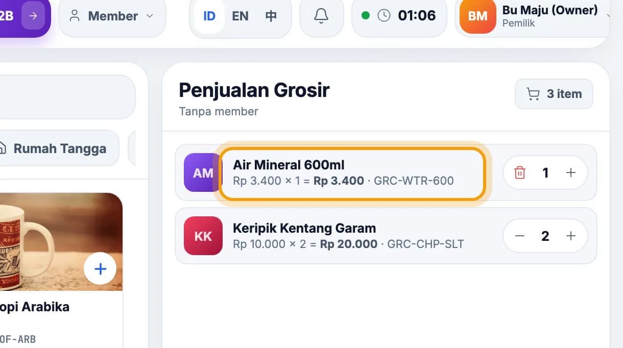 Keranjang Penjualan Grosir, baris Air Mineral 600ml dengan harga Rp 3.400 disorot