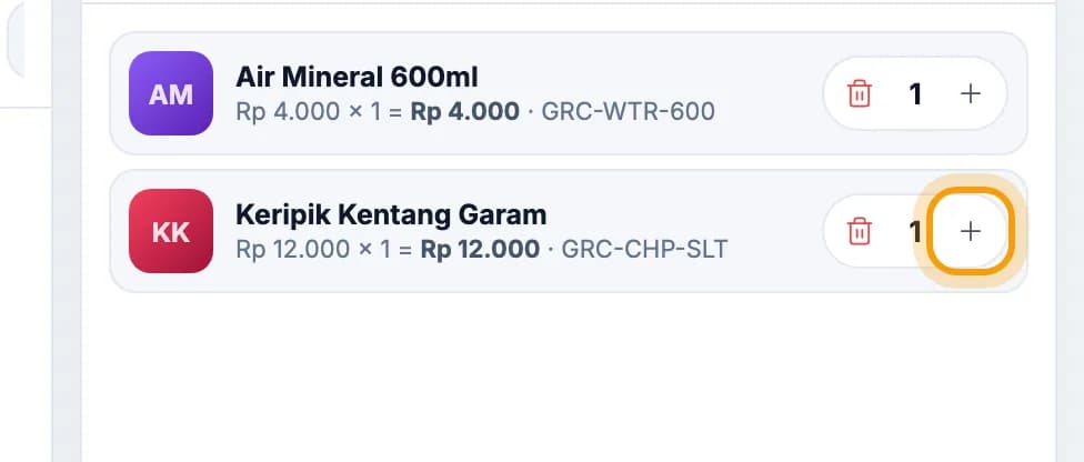 Baris keranjang Keripik Kentang Garam, tombol tambah jumlah disorot