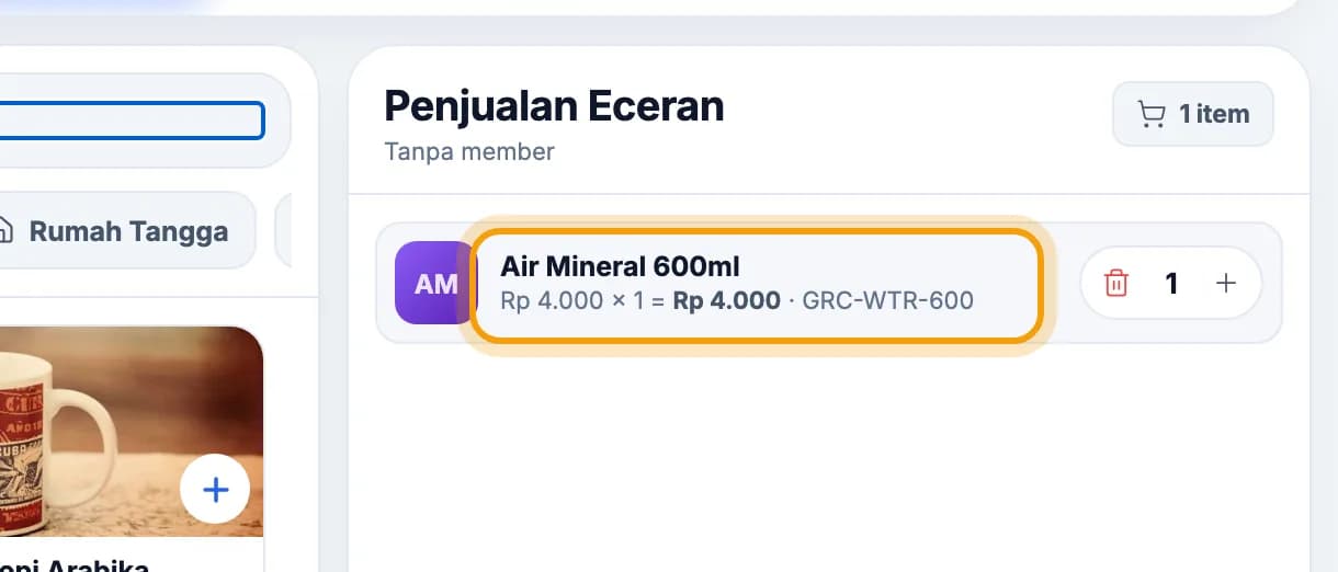 Keranjang Penjualan Eceran, baris Air Mineral 600ml disorot