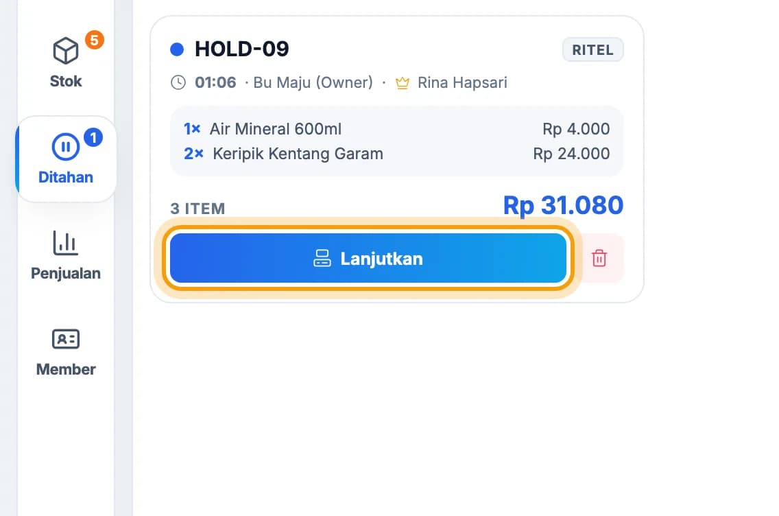 Kartu penjualan ditahan HOLD, tombol Lanjutkan disorot