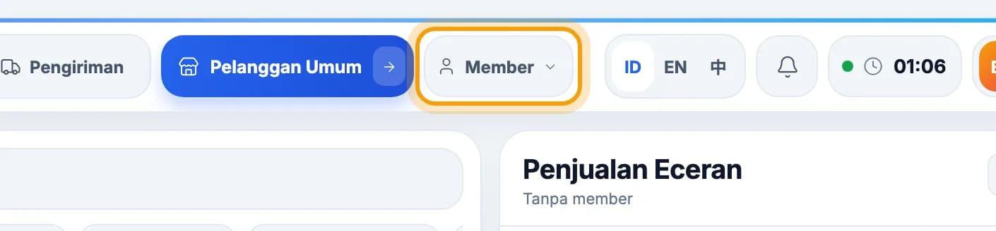 Bar atas kasir toko, tombol Member disorot