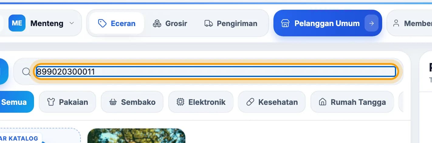 Kotak pencarian kasir toko berisi kode barcode, disorot