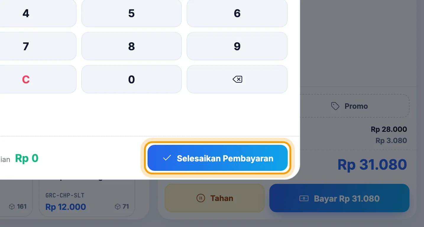 Layar pembayaran, tombol Selesaikan Pembayaran disorot