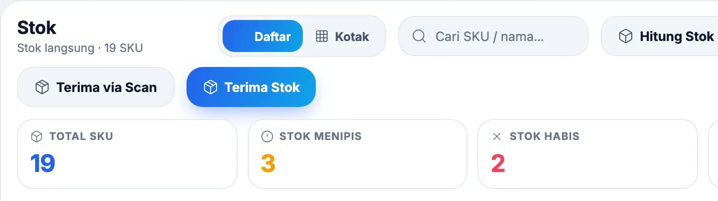 Layar Stok kasir toko dengan tombol Terima Stok, Hitung Stok dan kartu Stok Menipis
