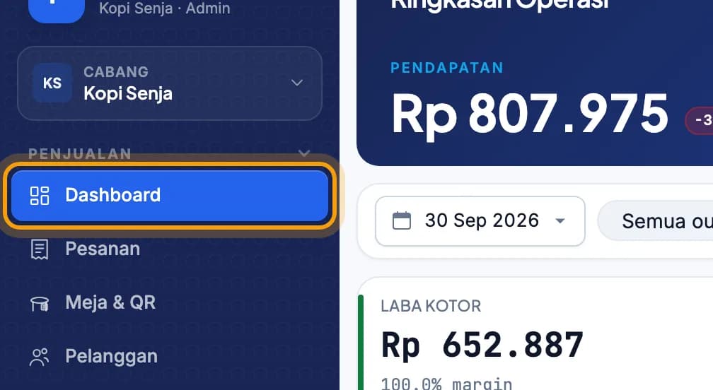 Menu kiri web admin, Dashboard disorot
