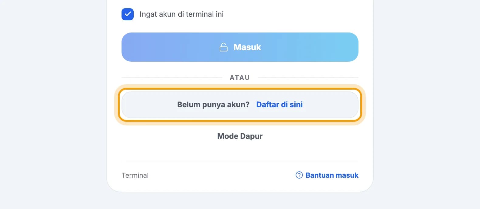 Layar Masuk ke PIKaPOS, tautan Daftar di sini disorot