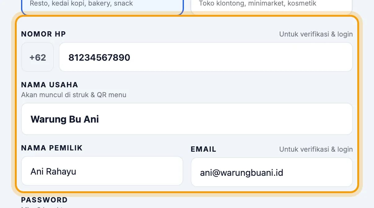 Formulir pendaftaran berisi nomor HP, nama usaha, nama pemilik dan email, disorot