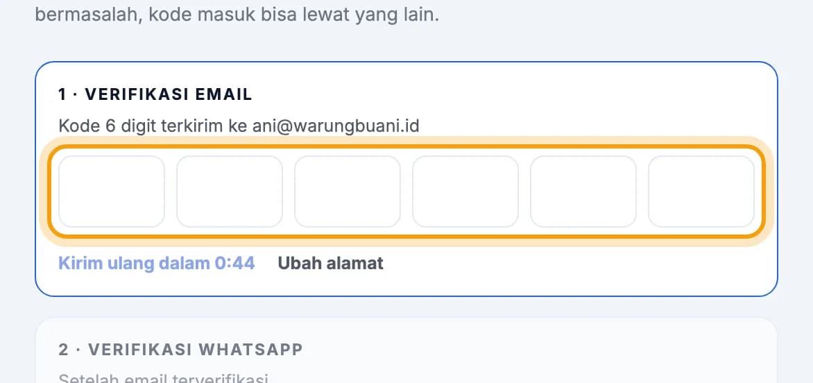 Kotak kode 6 digit di bagian Verifikasi email disorot