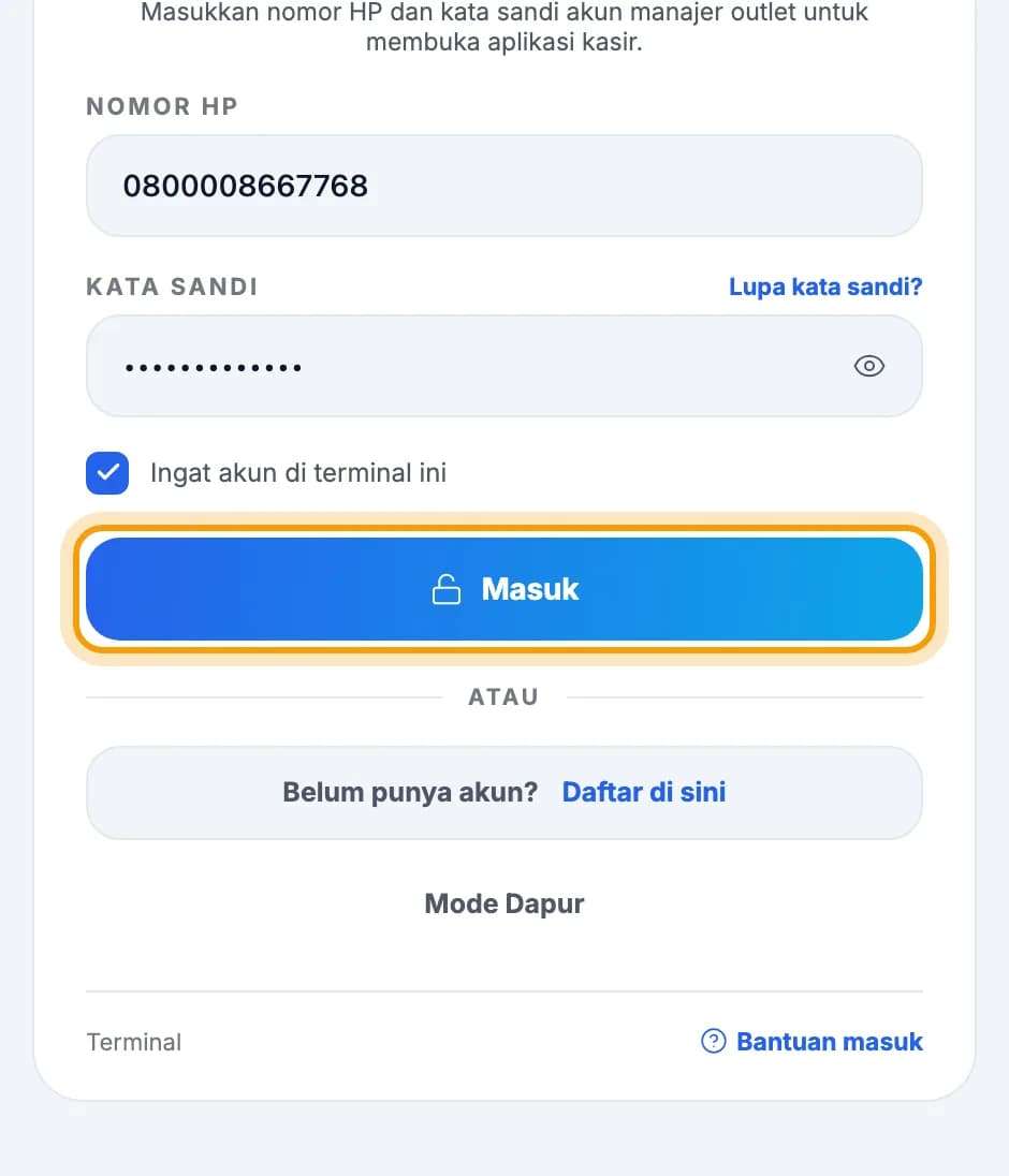 Layar Masuk ke PIKaPOS dengan kolom Nomor HP atau Email dan Kata sandi, tombol Masuk disorot